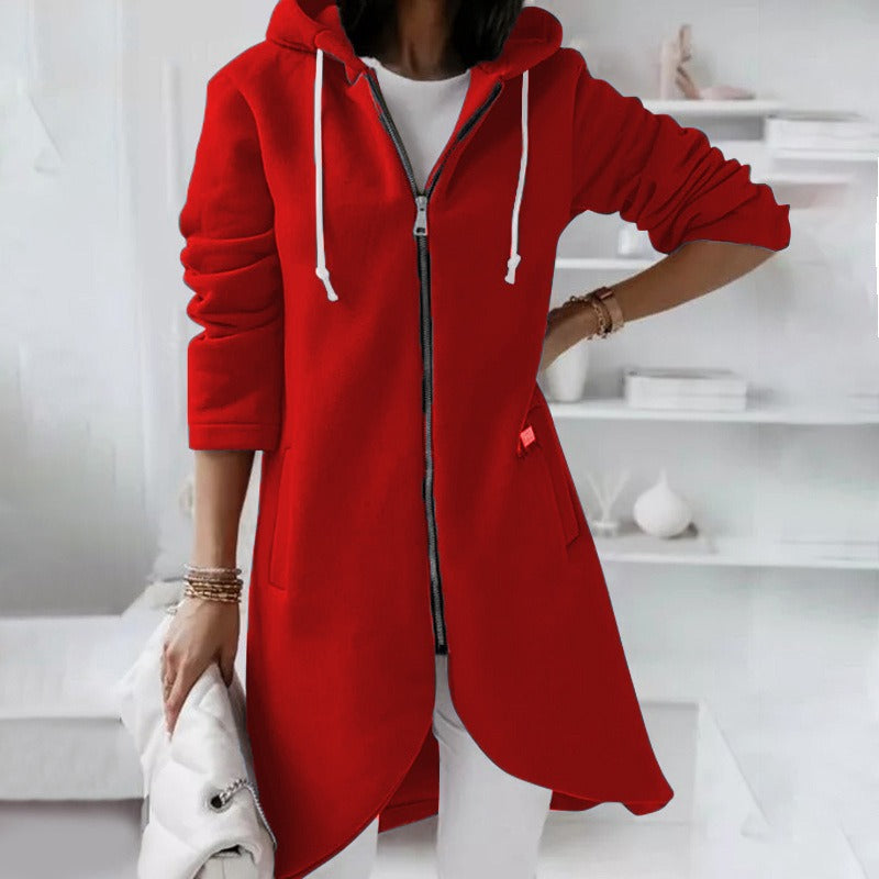 Women’s Long Hooded Sweater – Relaxed Fit – Fleece Lined – Asymmetrical Hem – Zip Front