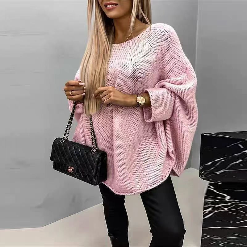 Women’s Knit Top – Oversized Fit – Chunky Texture – Batwing Sleeves – Crew Neck