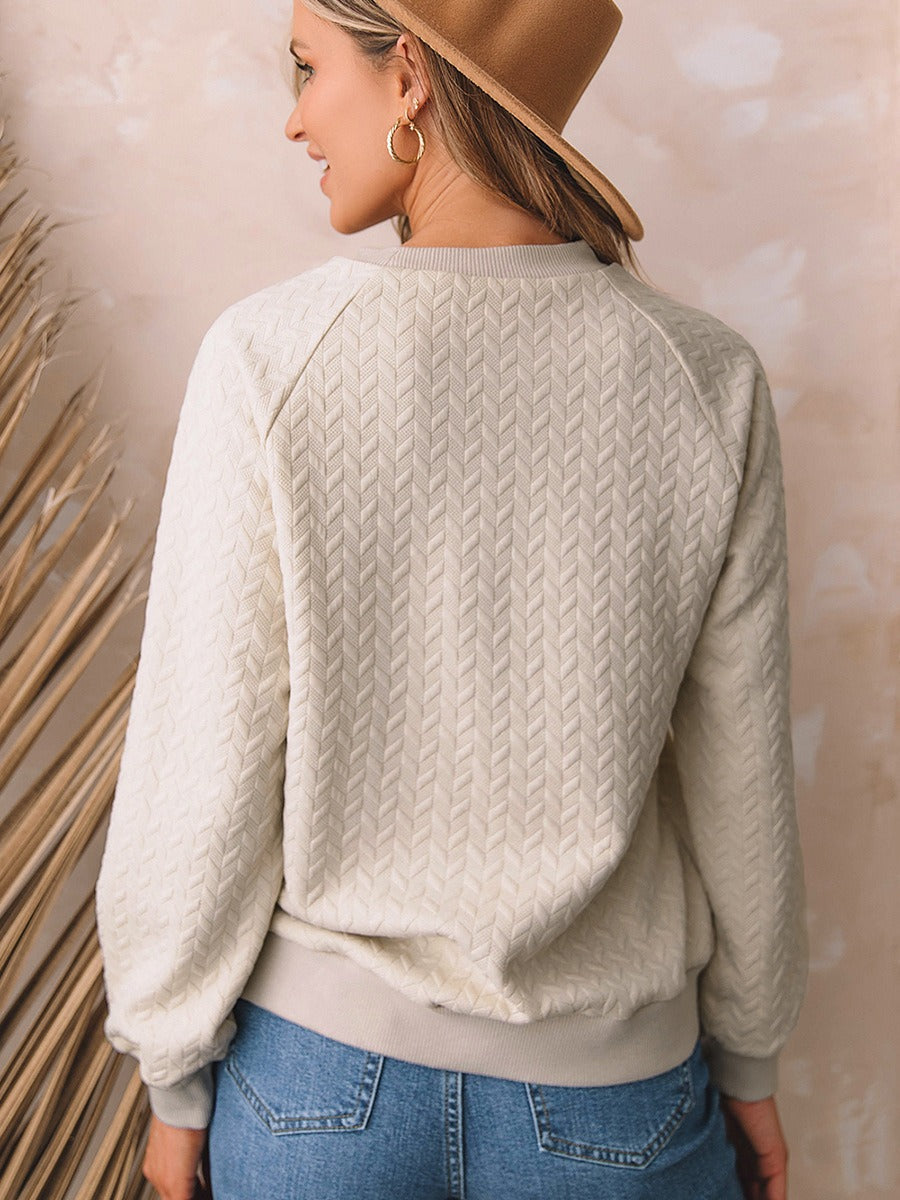 Women’s Sweatshirt – Relaxed Fit – Textured Chevron Knit – Raglan Sleeves – Ribbed Trim