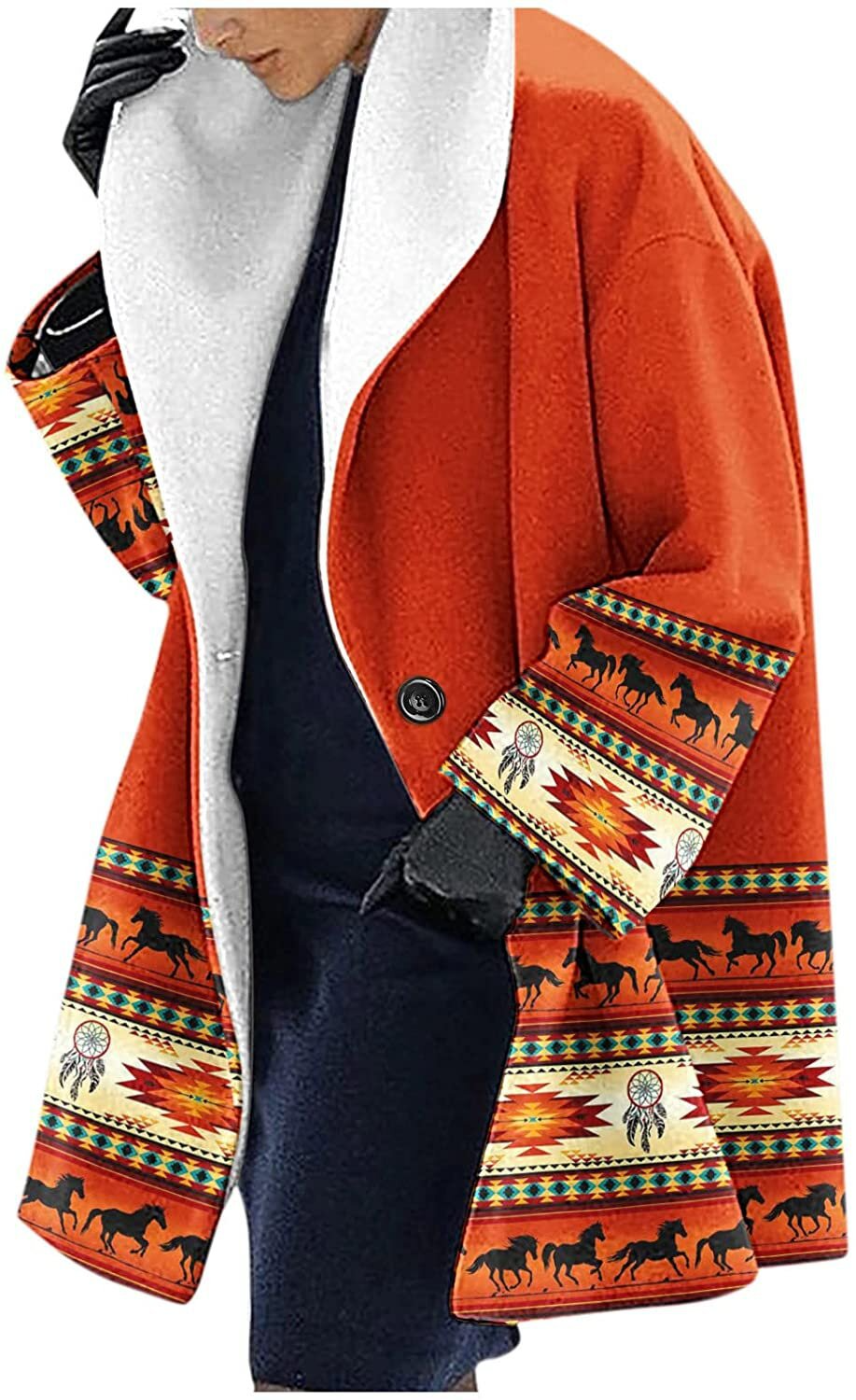 Women’s Hooded Jacket – Wool – Loose Fit – Mid-Length – Ethnic Print Casual Style