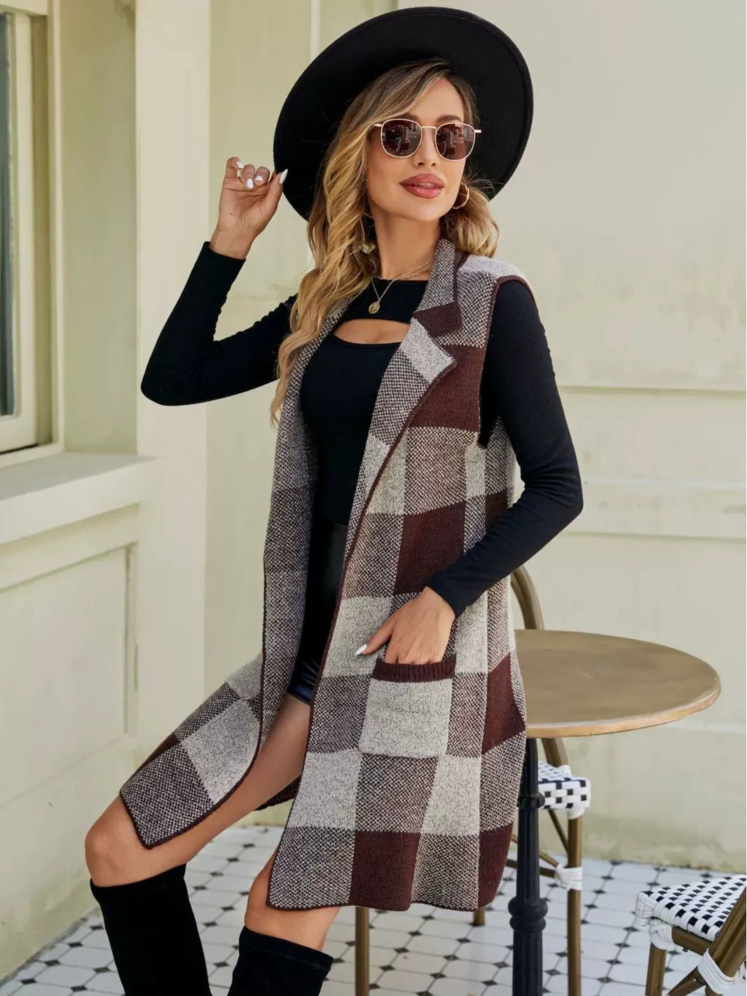 Women’s Long Vest Cardigan – Wool Blend Knit – Sleeveless – Open Front – Check Pattern