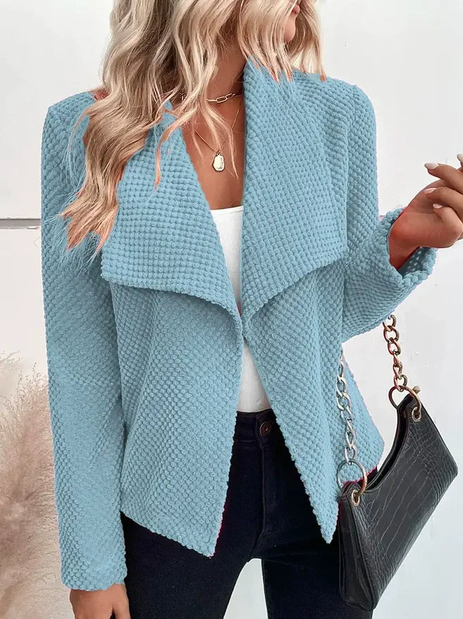 Women’s Blazer Jacket – Textured Knit – Relaxed Fit – Wide Lapel – Long Sleeve – Hip Length