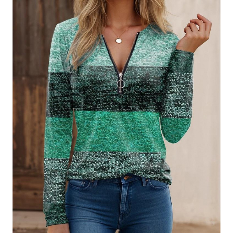 Women’s Long Sleeve Shirt – Knit Fabric – Zipper Collar – Spliced Print – Regular Fit