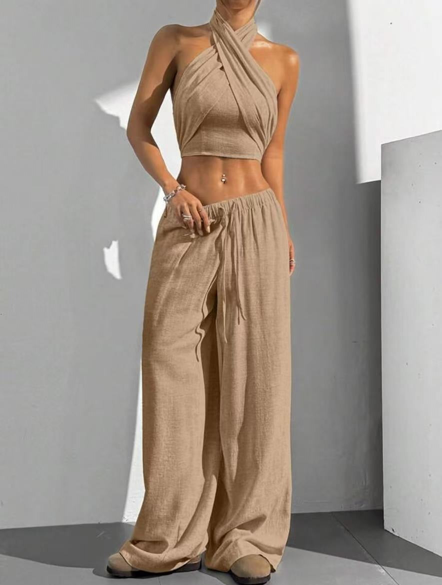 Women’s Matching Set – Halter Wrap Crop Top – Wide Leg Pants – Cotton Blend