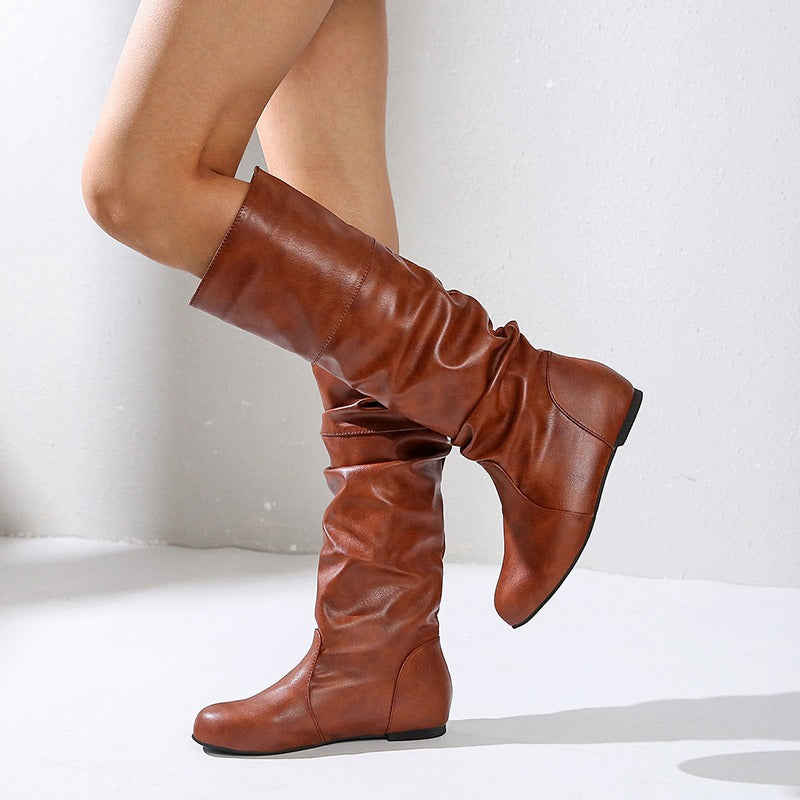 Women’s Boots - Faux Leather - Mid-Calf Slouchy Shaft - Low Block Heel - Pull-On