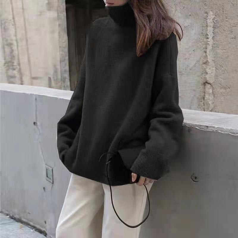 Women’s Turtleneck Sweatshirt – Oversized Fit – Knit Fabric – Drawstring Hem – Long Sleeve
