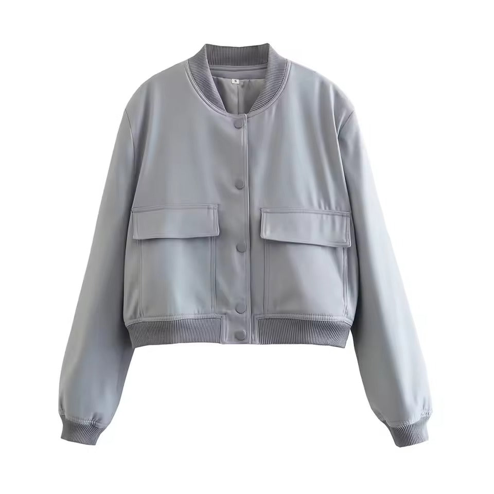 Women’s Bomber Jacket – Relaxed Fit – Button Front – Ribbed Trim – Chest Pockets
