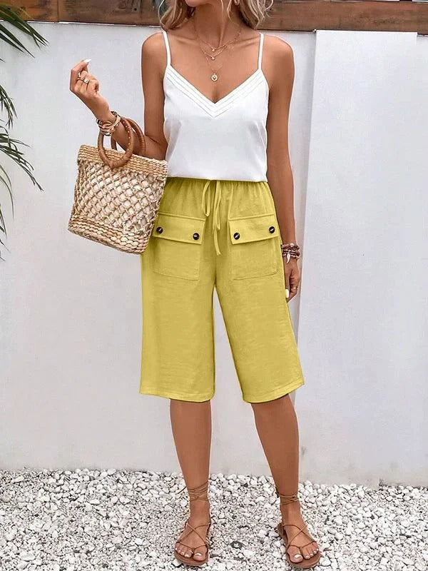 Women’s Knee-Length Trousers – Relaxed Fit – Breathable Blend – Drawstring Waist – Pocket Detail