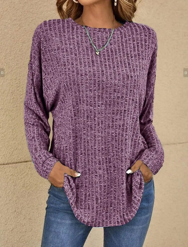Women’s Long Sleeve Top – Relaxed Fit – Ribbed Knit – Round Neck – Hip Length Casual Wear