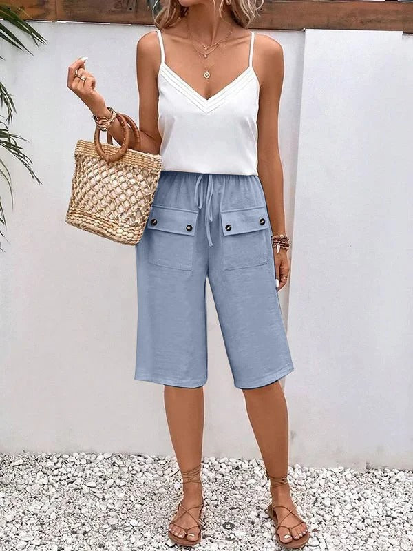 Women’s Knee-Length Trousers – Relaxed Fit – Breathable Blend – Drawstring Waist – Pocket Detail
