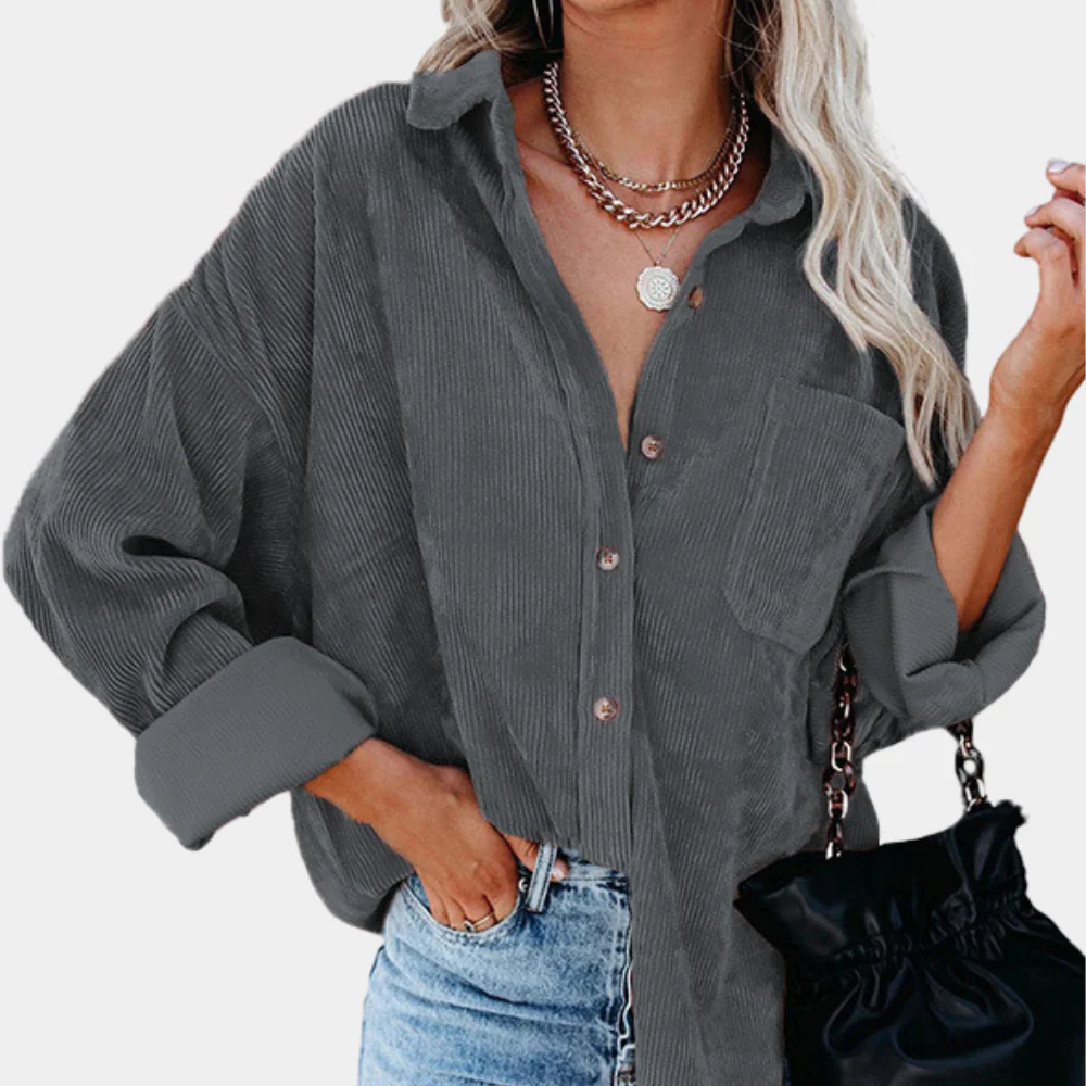 Women’s Corduroy Jacket – Oversized Fit – Button-Up Front – Hip-Length Casual Style