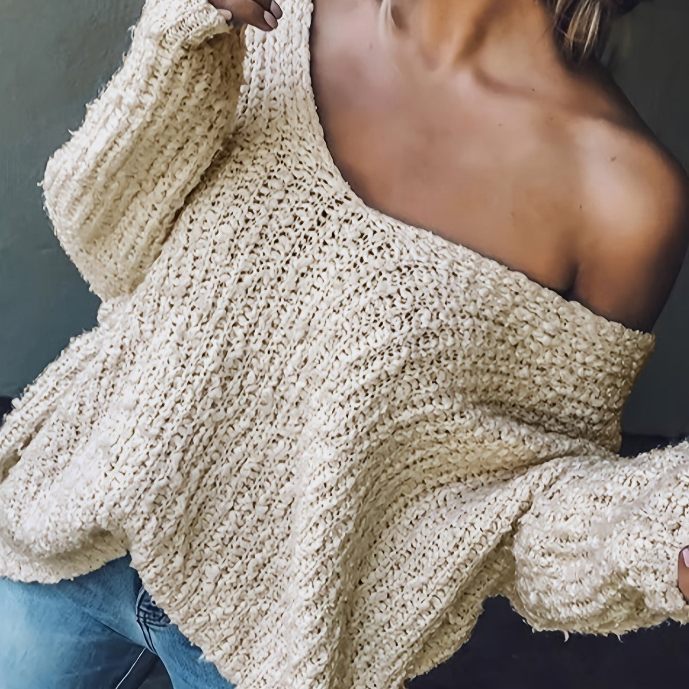 Women’s Sweatshirt – Oversized Relaxed Fit – Textured Open-Knit – V-Neck Long Sleeve