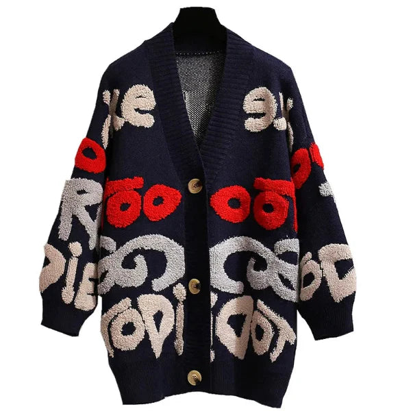 Women’s Knit Cardigan – Oversized Fit – Wool Blend – Button Front – Letter Pattern
