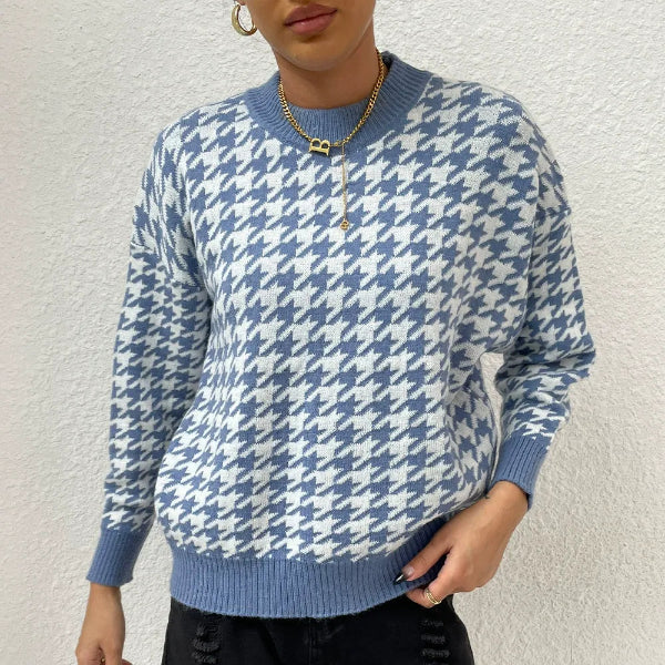 Women’s Pullover Sweater – Relaxed Fit – Houndstooth Knit – Ribbed Trim – Casual Style