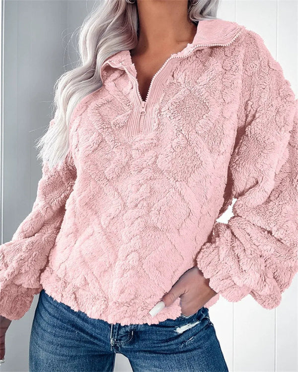 Women’s Pullover Sweatshirt – Oversized Fit – Quilted Fleece – Half Zip Stand Collar