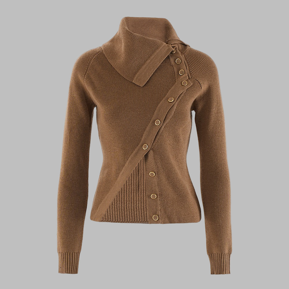 Women’s Knitwear Top – Slim Fit – Ribbed Stretch Fabric – Asymmetrical Button Detail