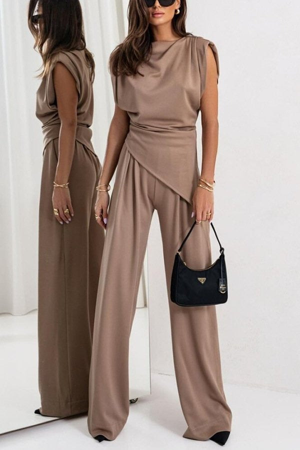 Women’s Two-Piece Set – Asymmetrical Sleeveless Top – Wide-Leg High Waist Pants – Breathable Blend