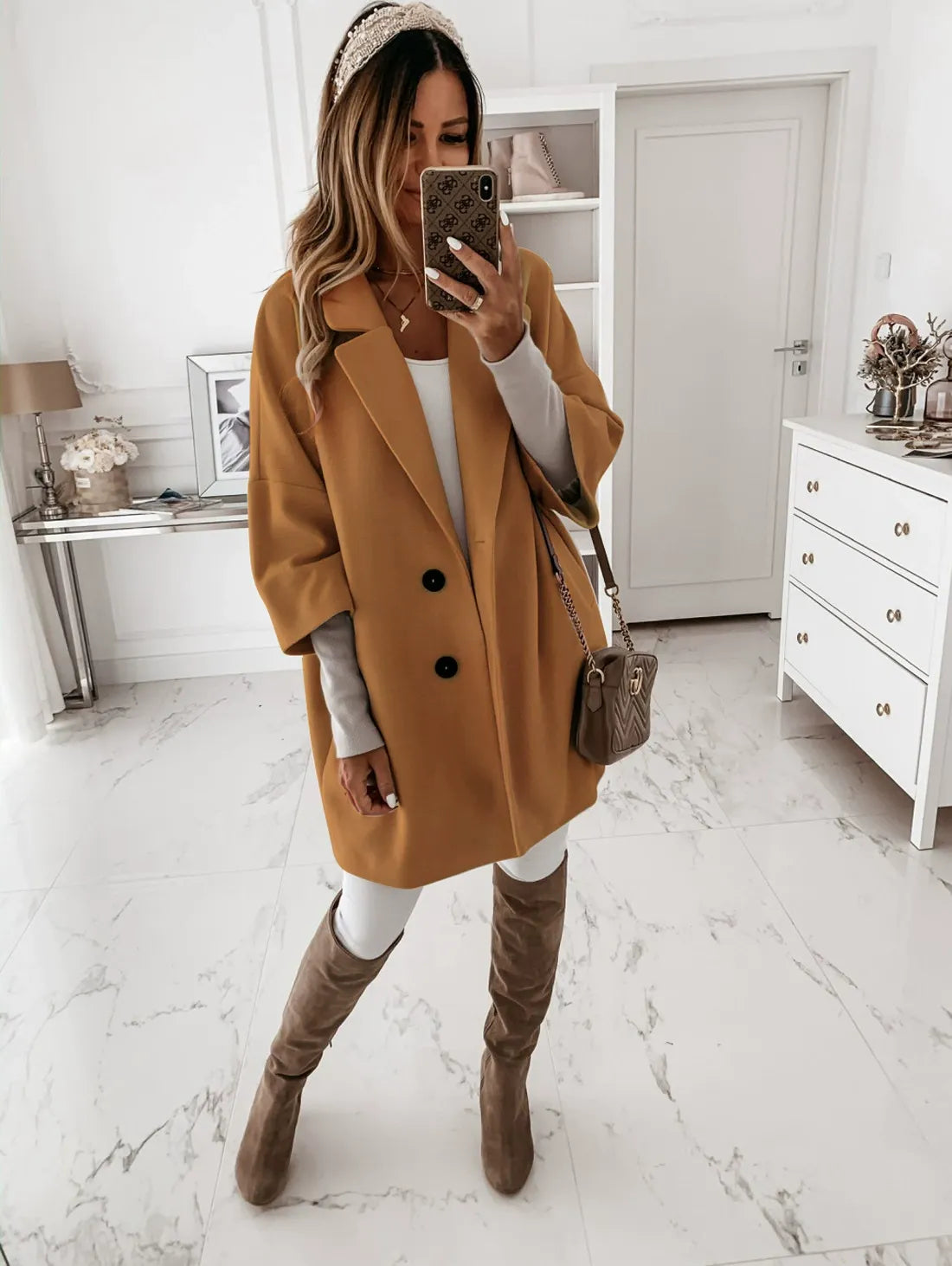 Women’s Wool Coat – Oversized Fit – Three-Quarter Sleeve – Button Front – Lapel Collar