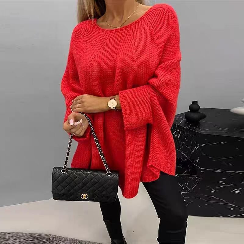 Women’s Knit Top – Oversized Fit – Chunky Texture – Batwing Sleeves – Crew Neck