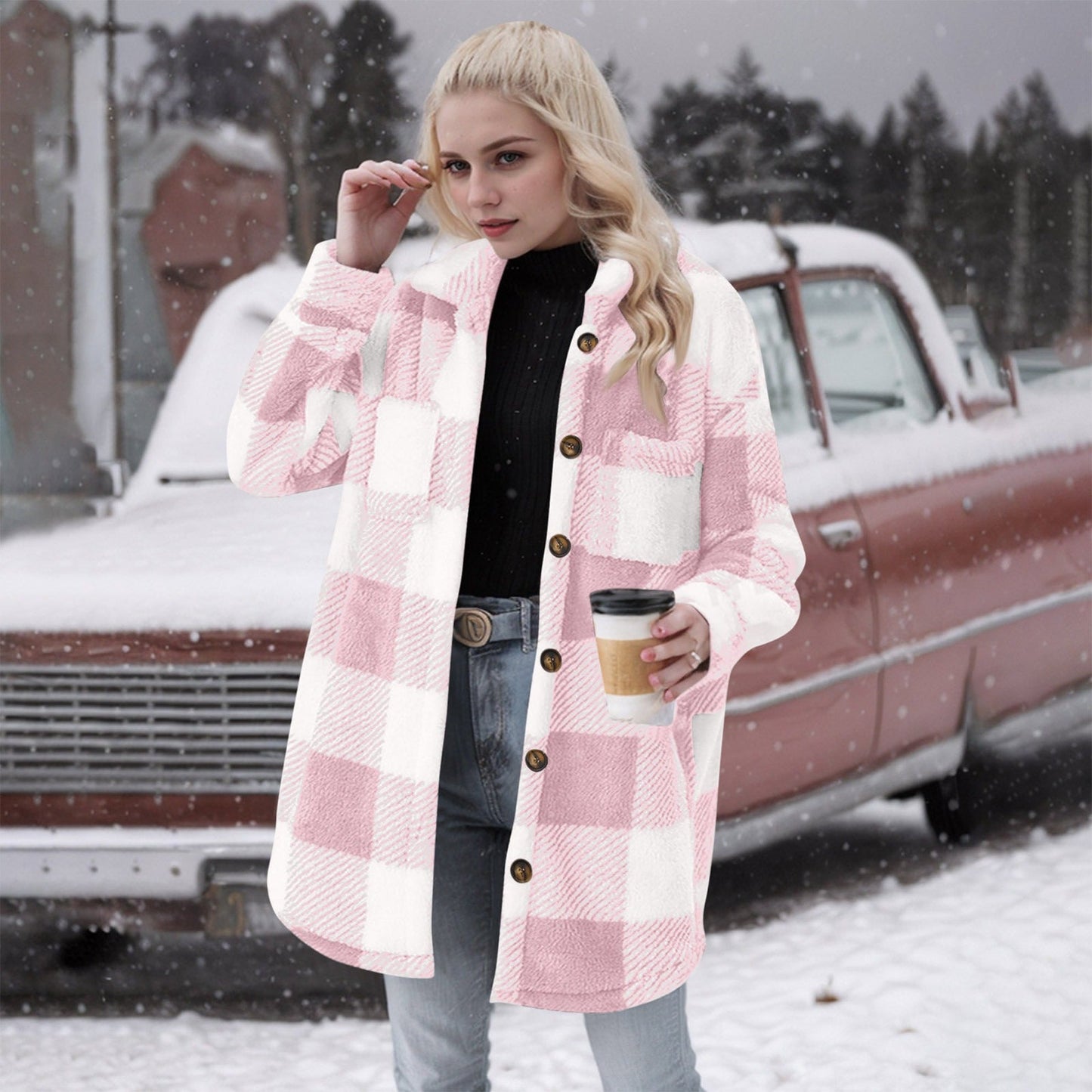Women’s Cardigan – Fuzzy Brushed Fabric – Oversized Fit – Plaid Button-Down Mid-Length