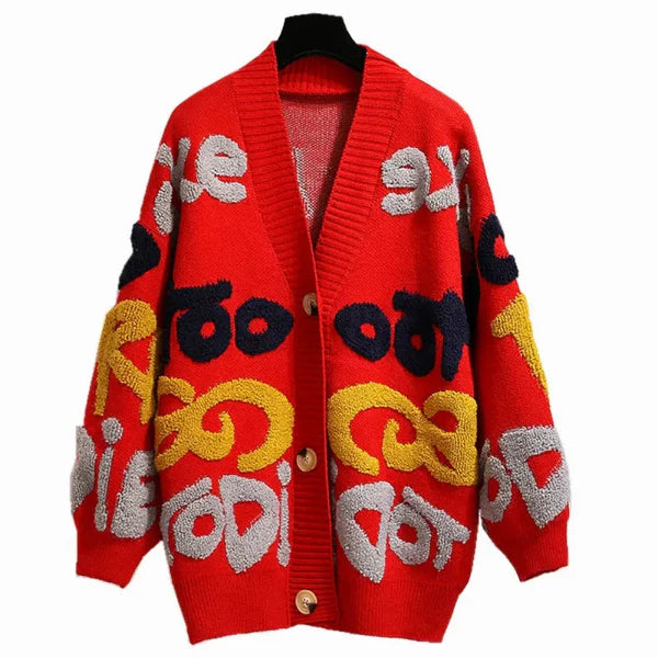 Women’s Knit Cardigan – Oversized Fit – Wool Blend – Button Front – Letter Pattern