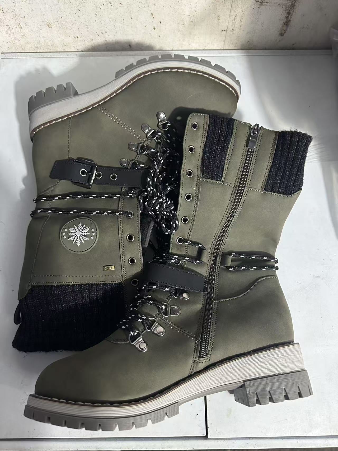 Women’s Mid-Calf Boots – Lace-Up Front – Knitted Cuff – Buckle Strap – Block Heel