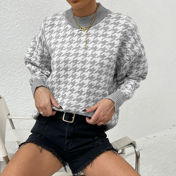 Women’s Pullover Sweater – Relaxed Fit – Houndstooth Knit – Ribbed Trim – Casual Style