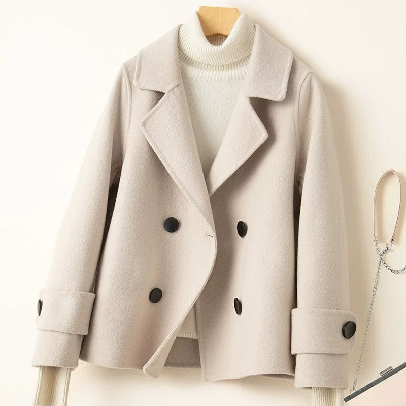 Women’s Short Coat – Tailored Fit – Wool Feel – Double-Breasted – Notched Lapel