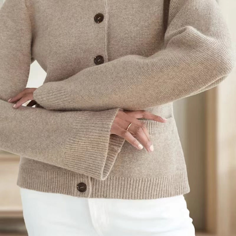 Women’s Knit Cardigan – Slim Fit – Round Neck – Button Front – Ribbed Trim – Patch Pocket