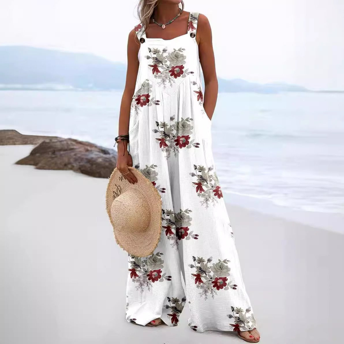 Women’s Jumpsuit – Relaxed Fit – Sleeveless – Wide Leg – Floral Print – Side Pockets