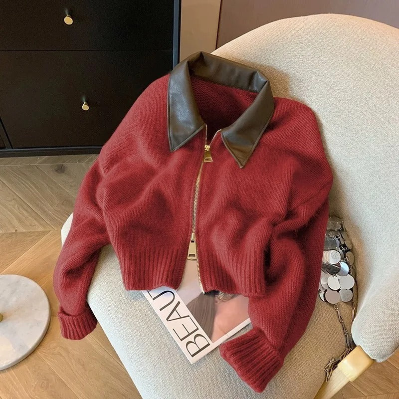 Women’s Cardigan Jacket - Knit - Cropped Length - Spread Collar - Ribbed Cuffs