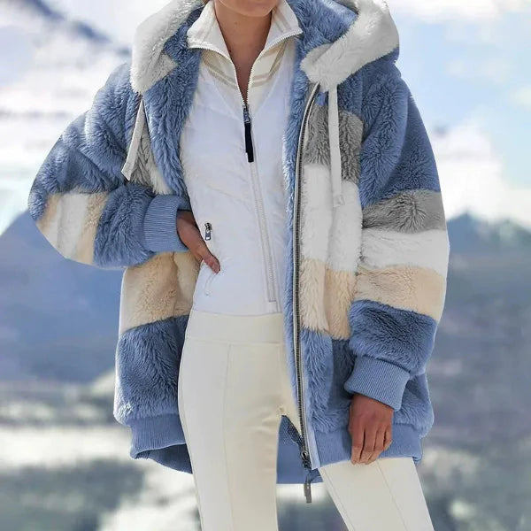 Women’s Hooded Jacket – Oversized Fit – Plush Faux Fur – Zip Front – Ribbed Cuffs
