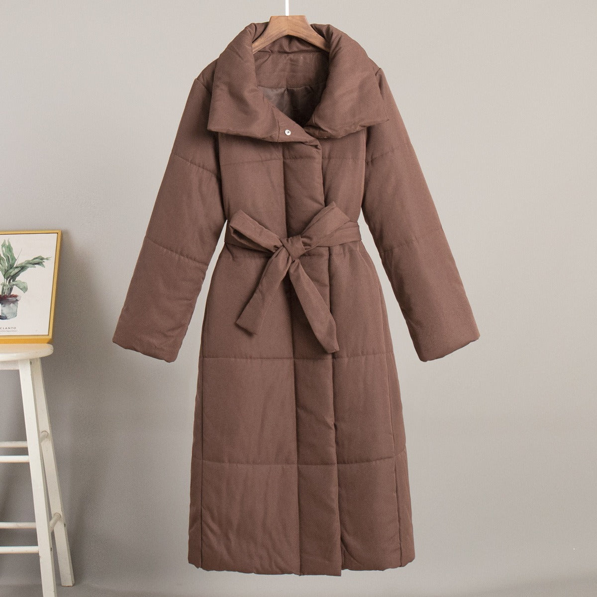 Women’s Long Puffer Jacket – Quilted Oversized Fit – Stand Collar – Snap Closure