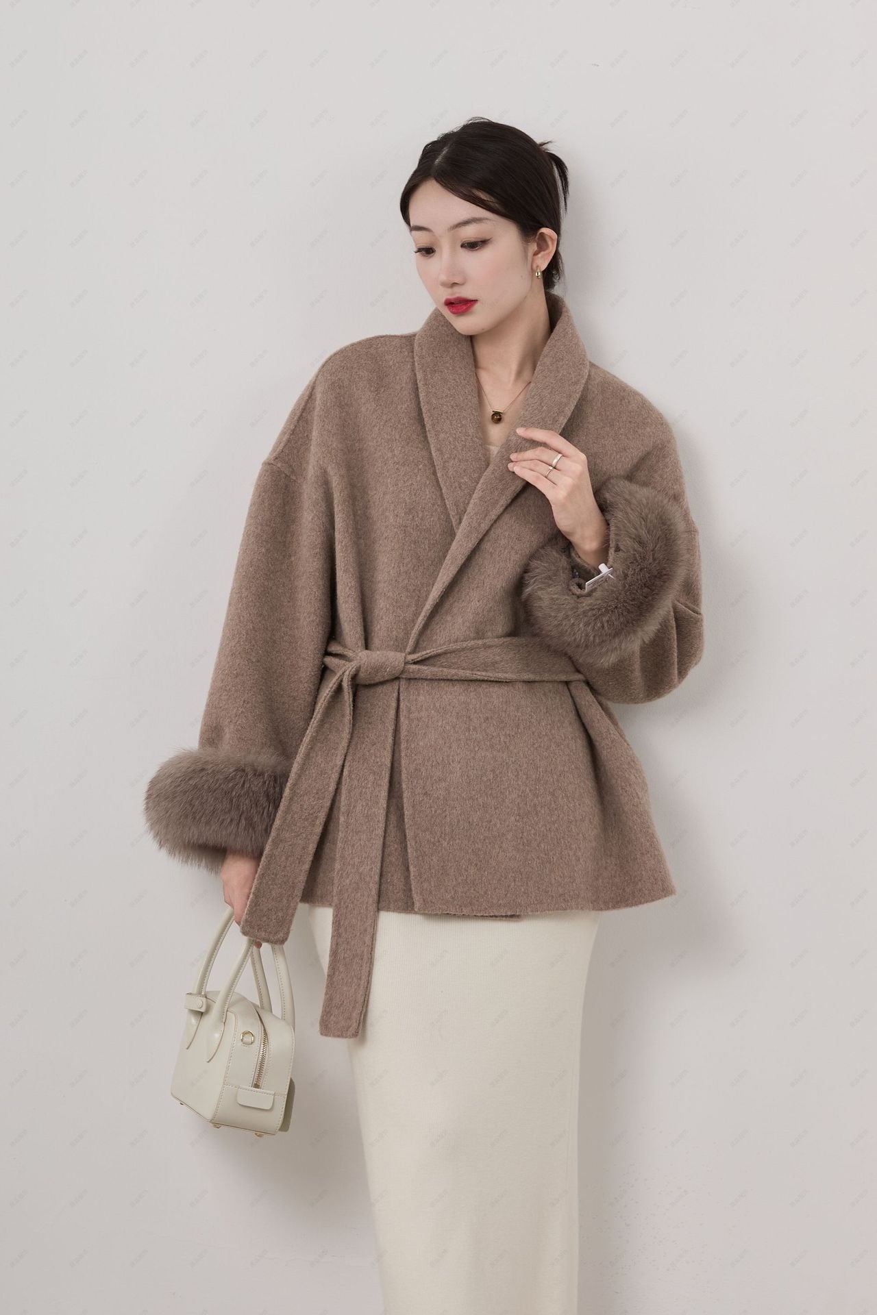 Women’s Short Coat – Wool Blend Wrap Fit – Shawl Collar – Belted with Detachable Cuffs