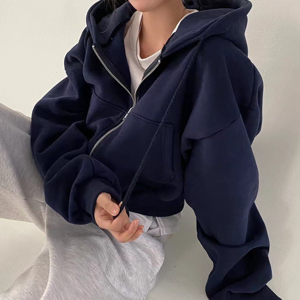 Women’s Hooded Sweatshirt – Cropped Fit – Balloon Sleeves – Zip Front – Cotton Feel