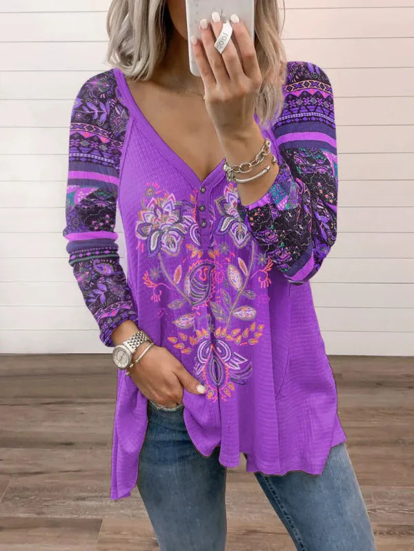 Women’s Long Sleeve T-Shirt – V-Neck with Button Detail – Loose Fit – Printed Cotton Blend