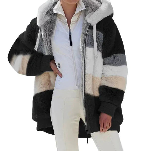 Women’s Hooded Jacket – Oversized Fit – Plush Faux Fur – Zip Front – Ribbed Cuffs