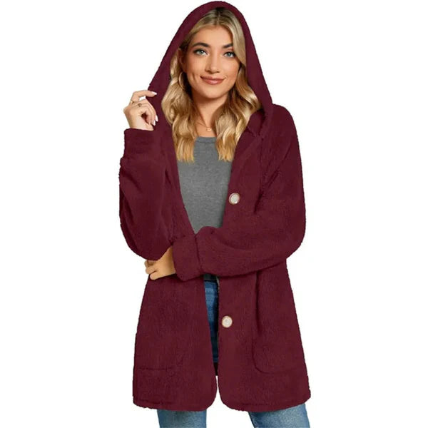 Women’s Hooded Cardigan – Plush Furry Fabric – Oversized Fit – Button Front – Pockets