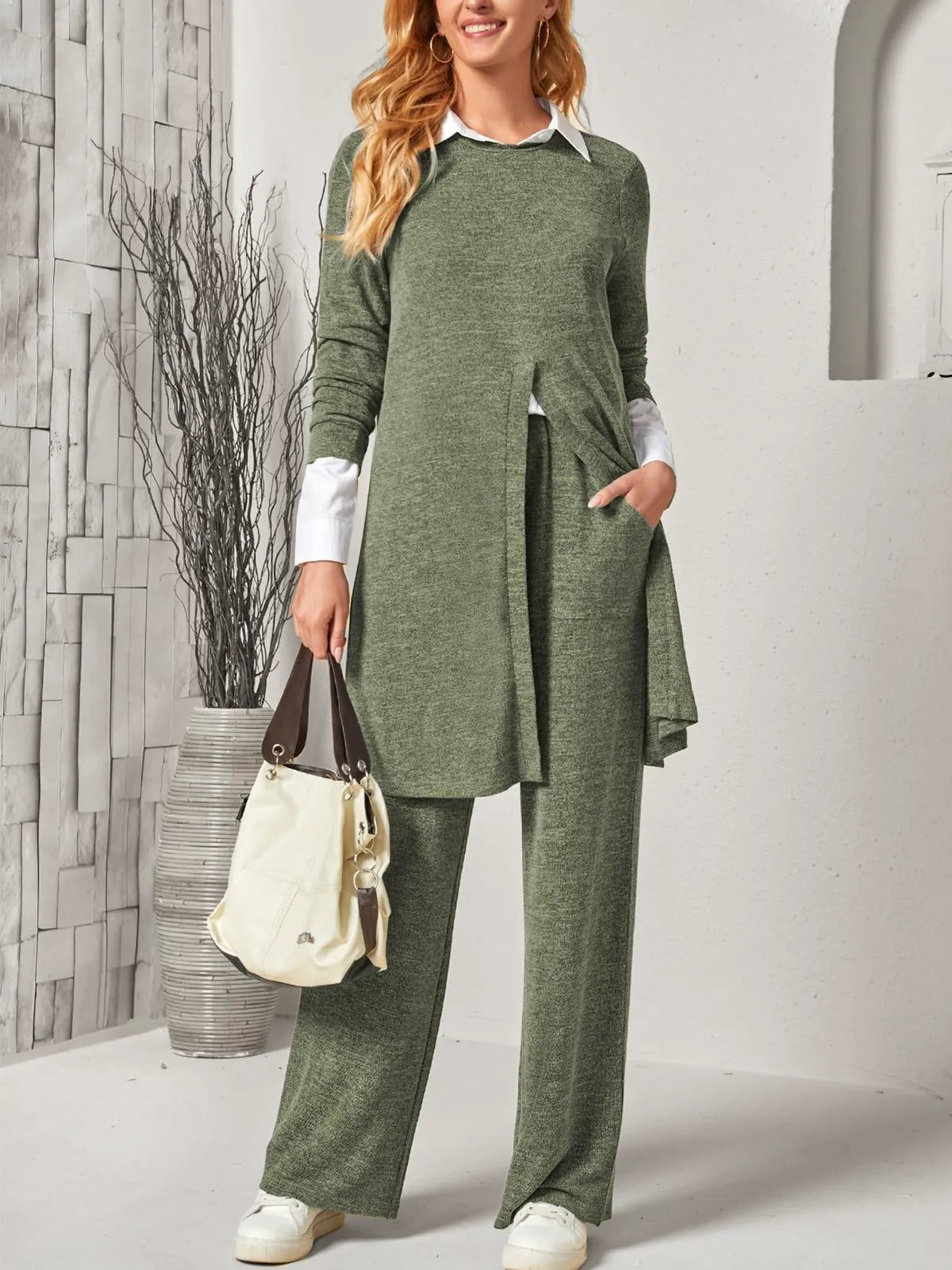 Women’s Two Piece Suit – Soft Knit – Long Slit Top – Relaxed Straight Leg Trousers