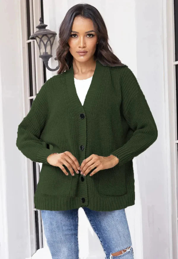 Women’s Cardigan – Wool Knit – Oversized Fit – V-Neck – Button Front with Pockets