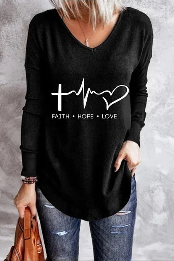 Women’s Sweatshirt – Relaxed Fit – Cotton Blend – V-Neck – Long Sleeve – Letter Print