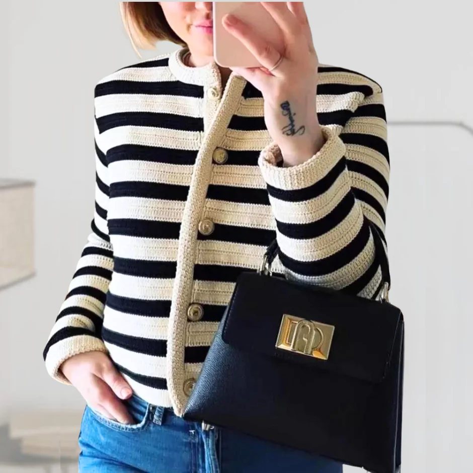 Women’s Cardigan – Classic Fit – Cotton Knit – Striped – Crew Neck – Button Front