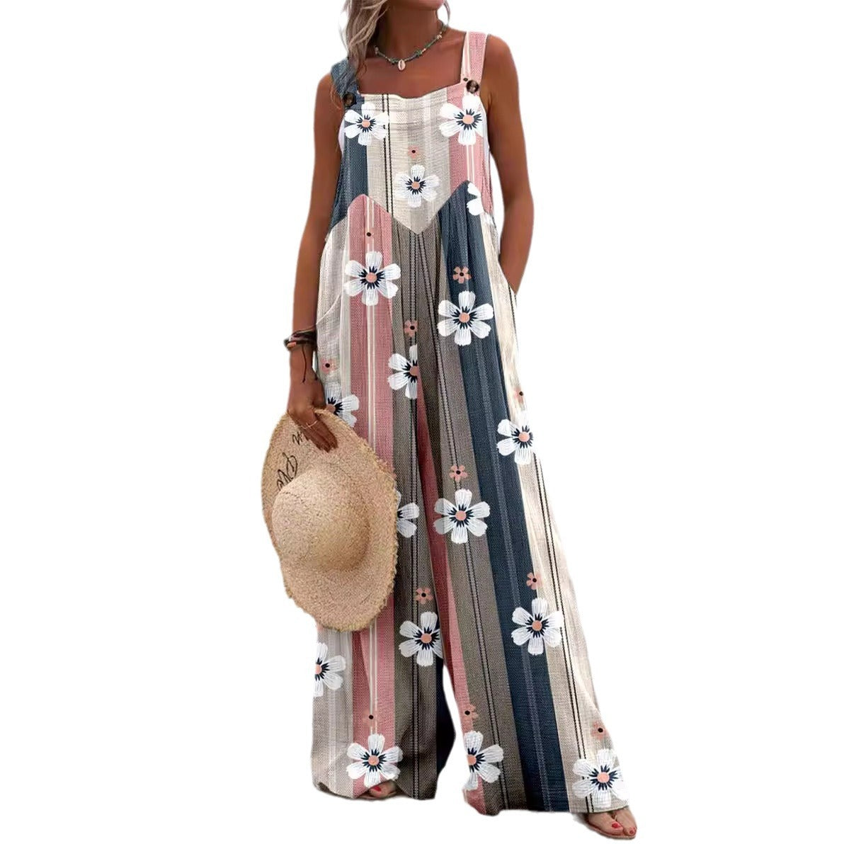 Women’s Jumpsuit – Relaxed Fit – Sleeveless – Wide Leg – Floral Print – Side Pockets