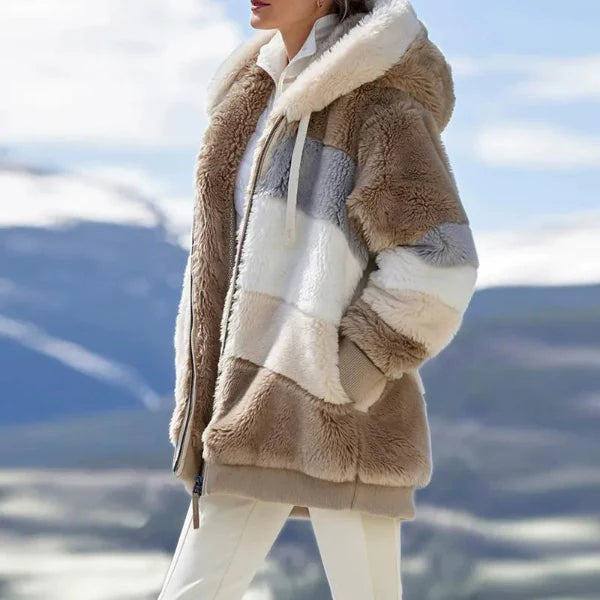 Women’s Hooded Jacket – Oversized Fit – Plush Faux Fur – Zip Front – Ribbed Cuffs