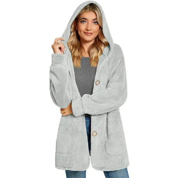 Women’s Hooded Cardigan – Plush Furry Fabric – Oversized Fit – Button Front – Pockets