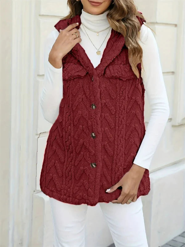 Women’s Hooded Vest – Fuzzy Knit – Relaxed Fit – Button Front – Casual Layering