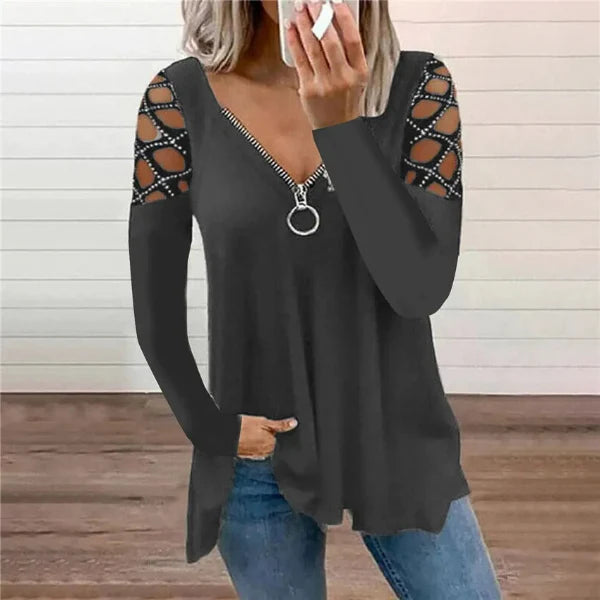 Women’s Casual Top – V-Neck with Zipper – Rhinestone Sleeve Cut-Outs – Relaxed Fit