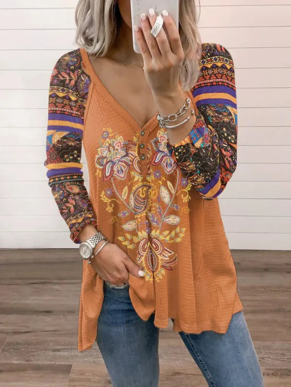 Women’s Long Sleeve T-Shirt – V-Neck with Button Detail – Loose Fit – Printed Cotton Blend