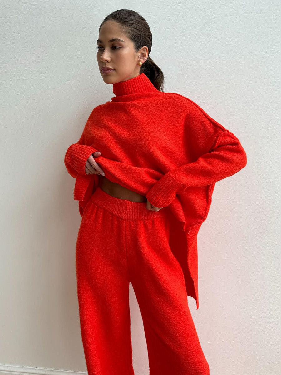 Women’s Two-Piece Sweater Suit Set – Chunky Knit Wool – Oversized Fit – Turtleneck and Wide-Leg Pants