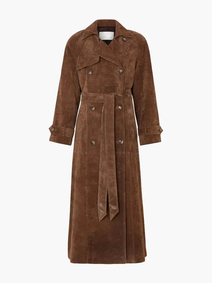 Women’s Trench Coat – Tailored Fit – Suede-Like Texture – Full Length – Belted – Double-Breasted